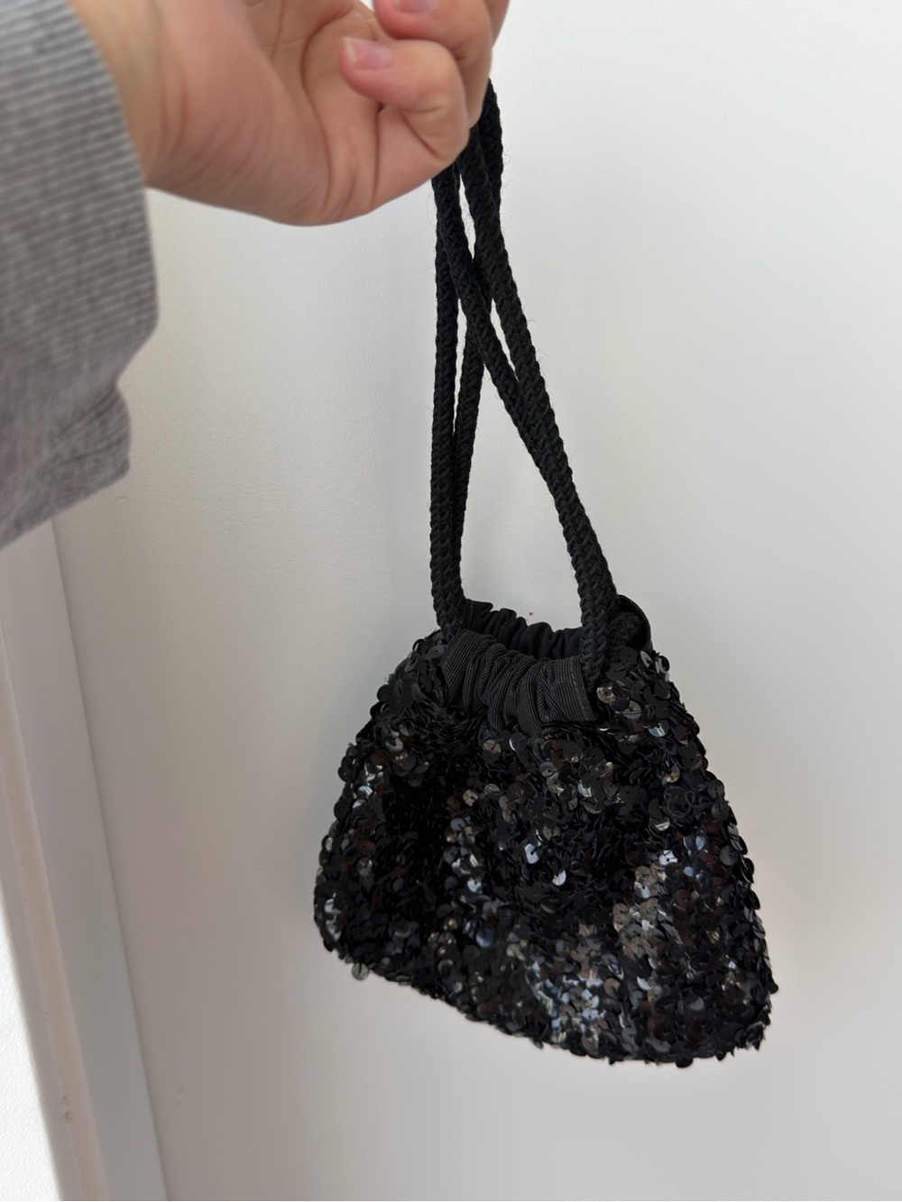 Black Sequin Drawstring Evening Bag